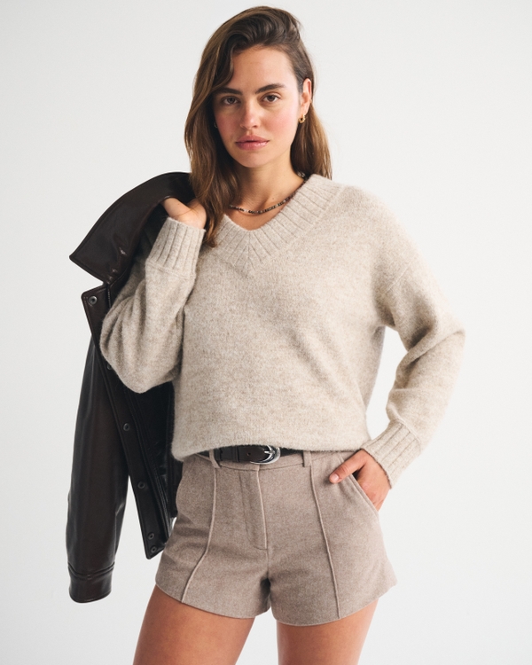 High Rise Tailored Wool-Blend Short, Taupe view 1