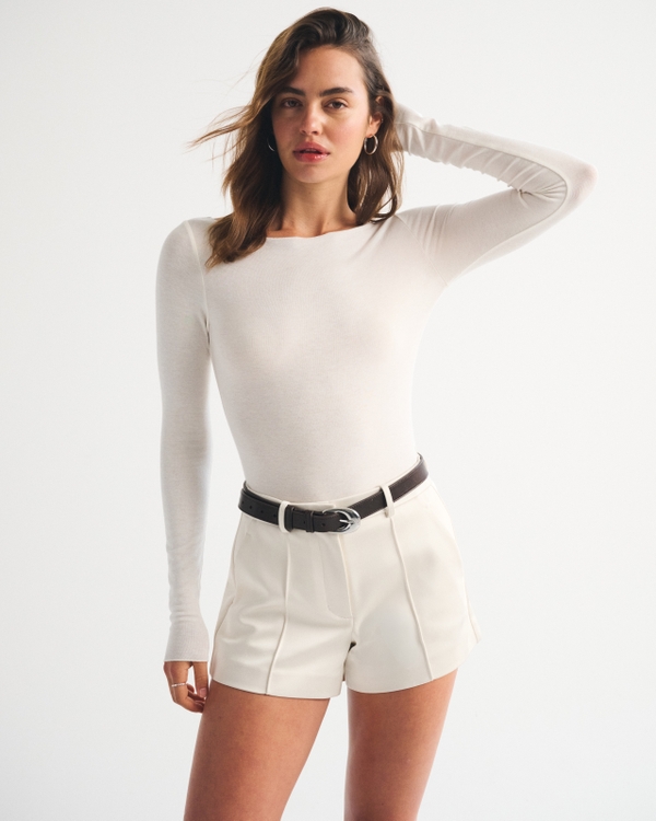 High Rise Tailored Satin Short, Cream view 1