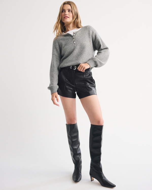 High Rise Tailored Vegan Leather Short, Black view 1