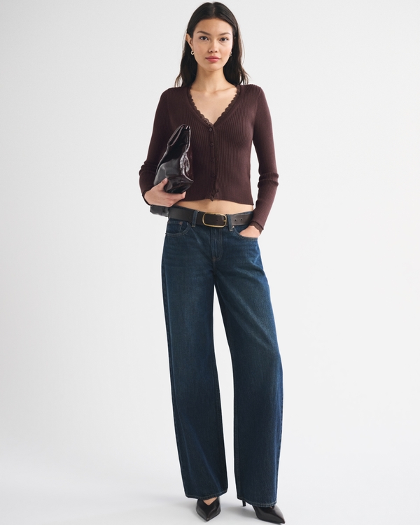 Lace-Trim Rib Cardigan, Dark Coffee view 2