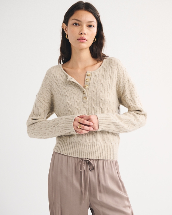Merino Wool-Blend Cable Henley Sweater, Light Beige view 1