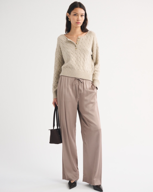 Merino Wool-Blend Cable Henley Sweater, Light Beige view 2