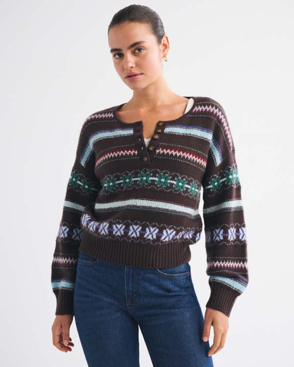 Merino Wool-Blend Henley Sweater, Dark Coffee Stripe view 2