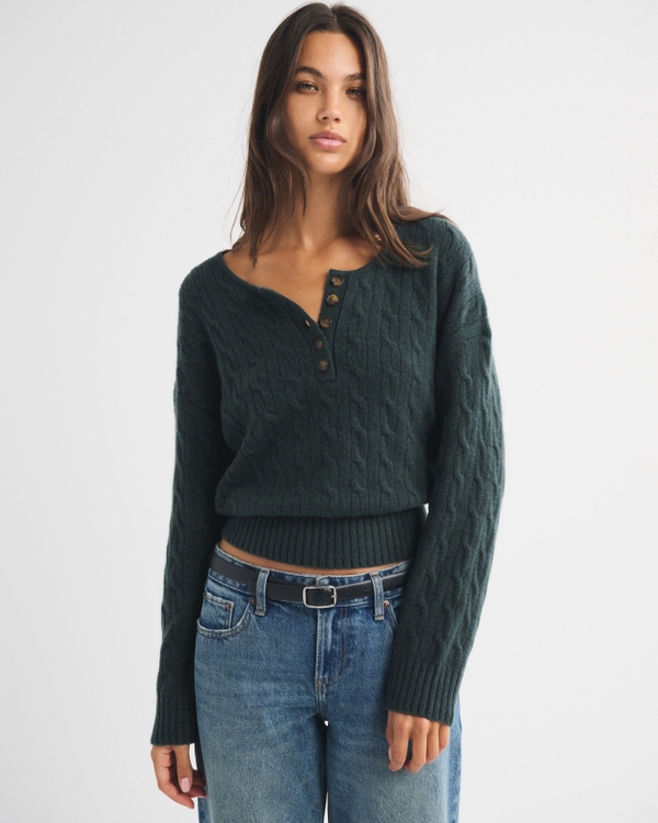 Merino Wool-Blend Cable Henley Sweater