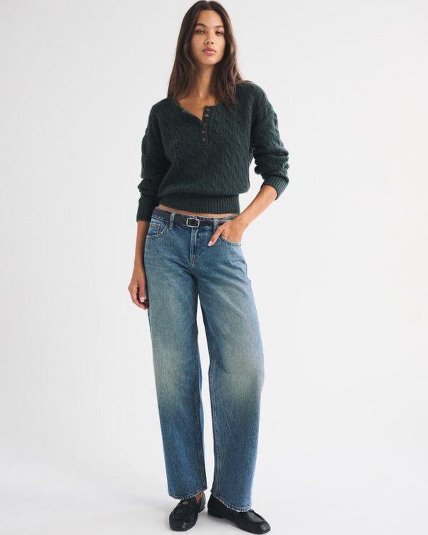 Merino Wool-Blend Cable Henley Sweater, Dark Spruce view 2