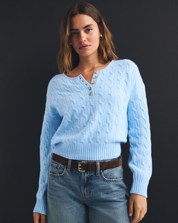 Merino Wool-Blend Cable Henley Sweater