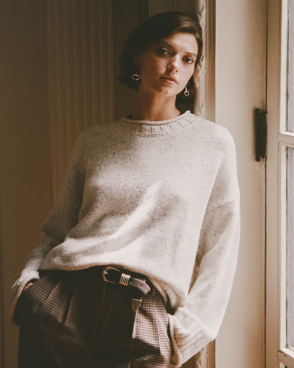 Wool-Blend Roll Neck Crew Sweater, Cream view 1