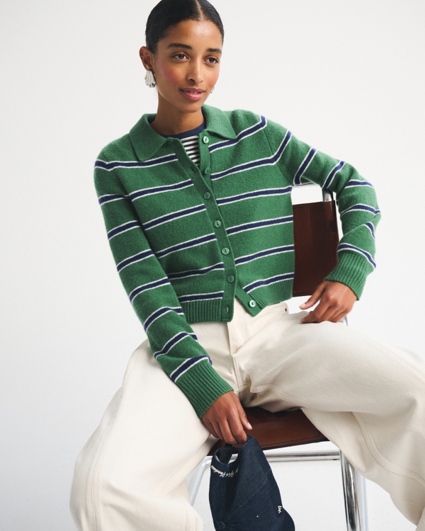 Merino Wool-Blend Shrunken Collared Cardigan, Emerald Stripe view 1