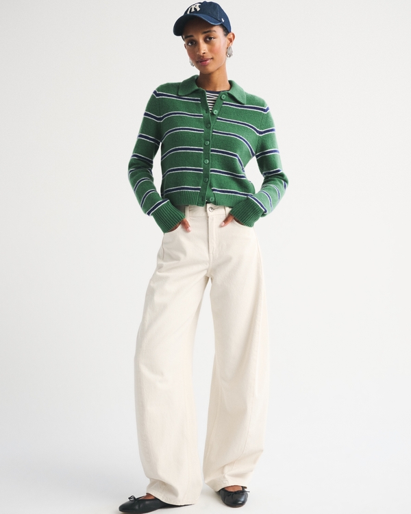 Merino Wool-Blend Shrunken Collared Cardigan, Emerald Stripe view 2