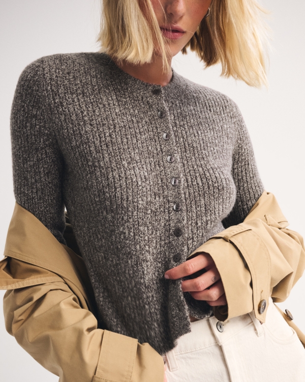 Merino Wool-Blend Shrunken Crew Cardigan, Brown view 1