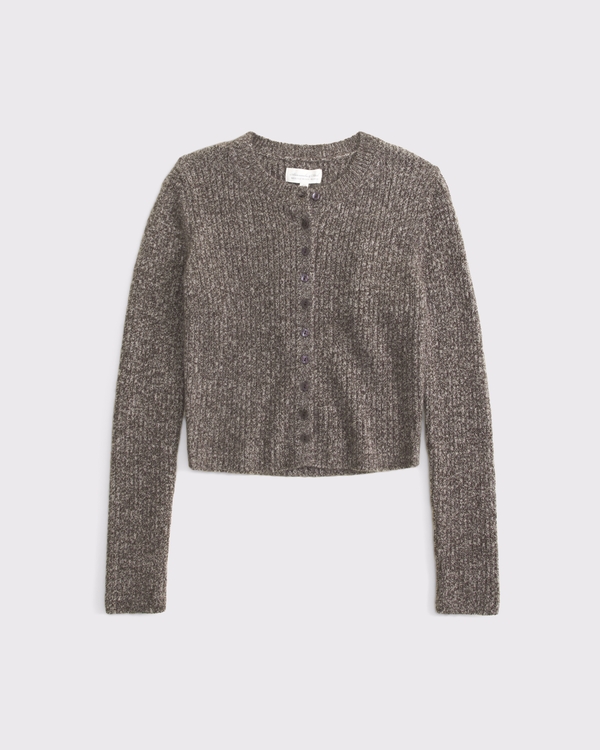 Merino Wool-Blend Shrunken Crew Cardigan, Brown view 1