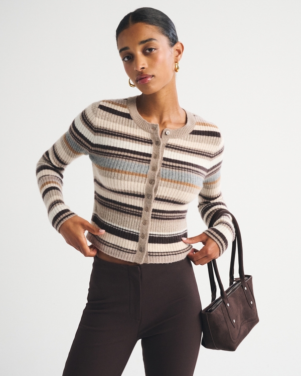 Merino Wool-Blend Shrunken Crew Cardigan, Light Brown Stripe view 1