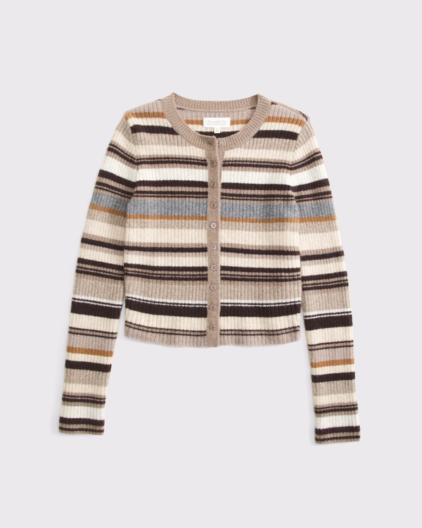 Merino Wool-Blend Shrunken Crew Cardigan, Light Brown Stripe view 1
