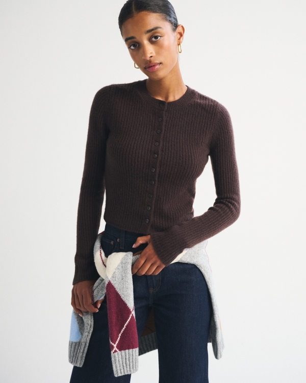 Merino Wool-Blend Shrunken Crew Cardigan, Dark Coffee view 1