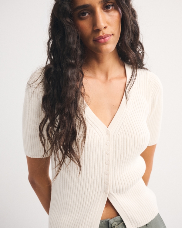 100% Cotton Rib Half-Sleeve Cardigan, Cream view 1