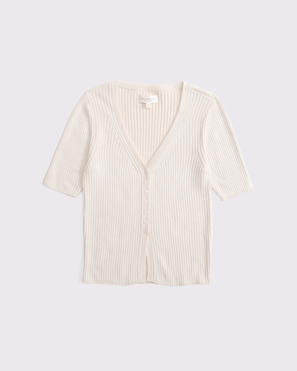 100% Cotton Rib Half-Sleeve Cardigan, Cream view 1