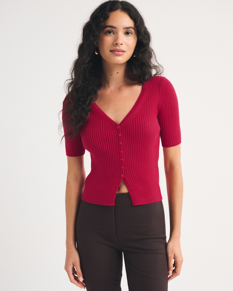 100% Cotton Rib Half-Sleeve Cardigan - thumbnail 8