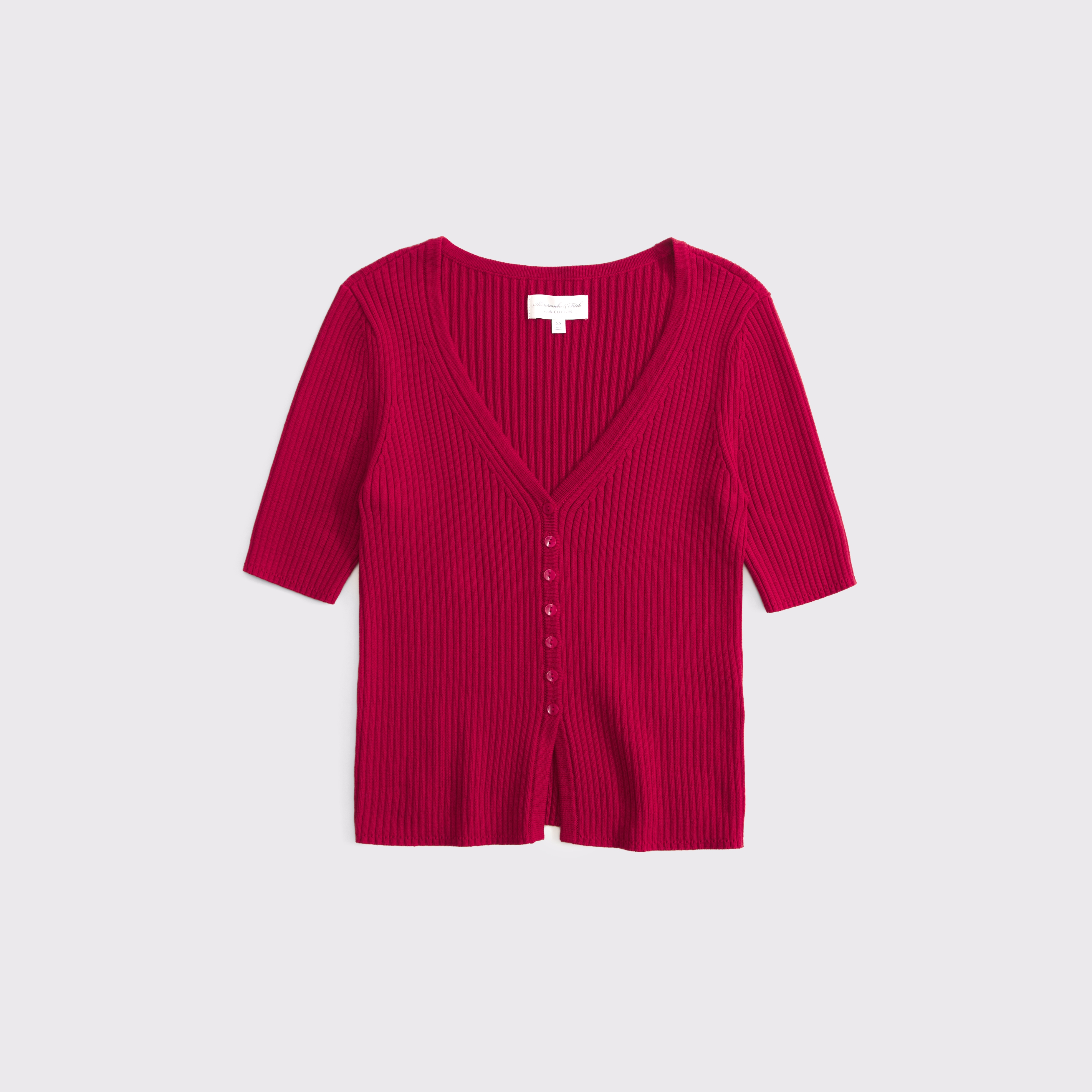 Abercrombie & Fitch 100% Cotton Rib Half-sleeve Cardigan In Fiery Red