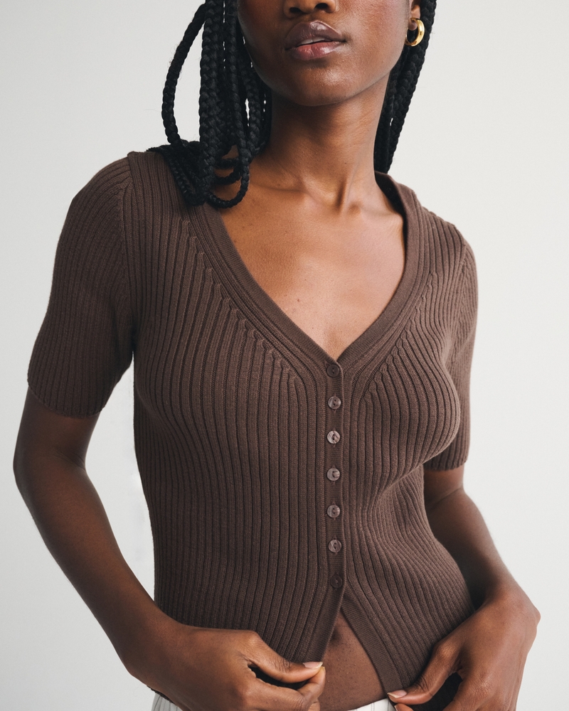 100% Cotton Rib Half-Sleeve Cardigan - thumbnail 2
