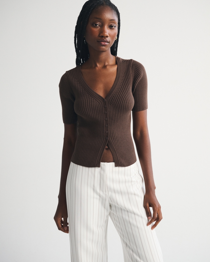 100% Cotton Rib Half-Sleeve Cardigan - thumbnail 3