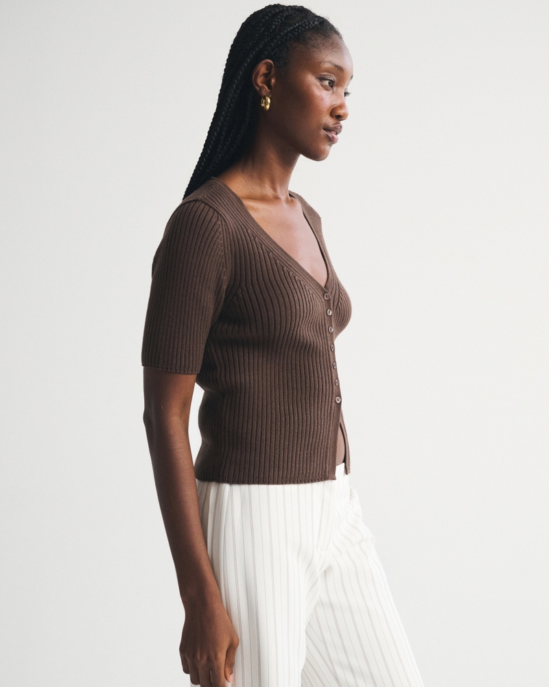 100% Cotton Rib Half-Sleeve Cardigan - thumbnail 4