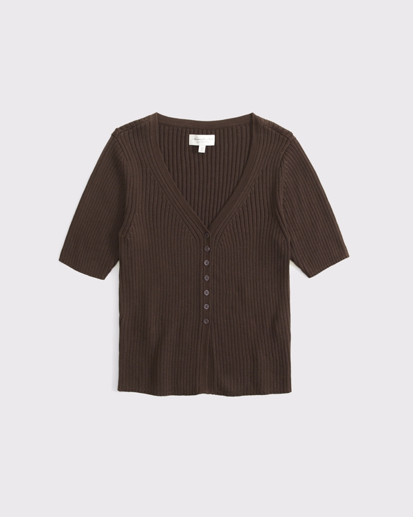 100% Cotton Rib Half-Sleeve Cardigan, Brown view 1