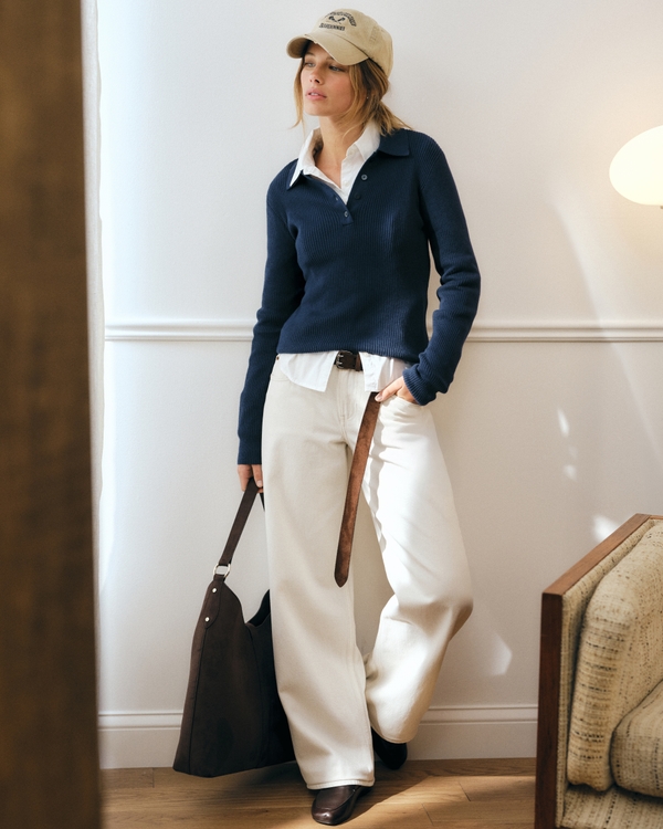 Cotton-Cashmere Blend Sweater Polo, Deep Navy view 2