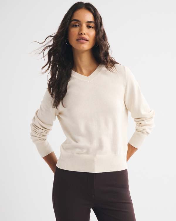 Cotton-Cashmere V-Neck Sweater, Cream view 1