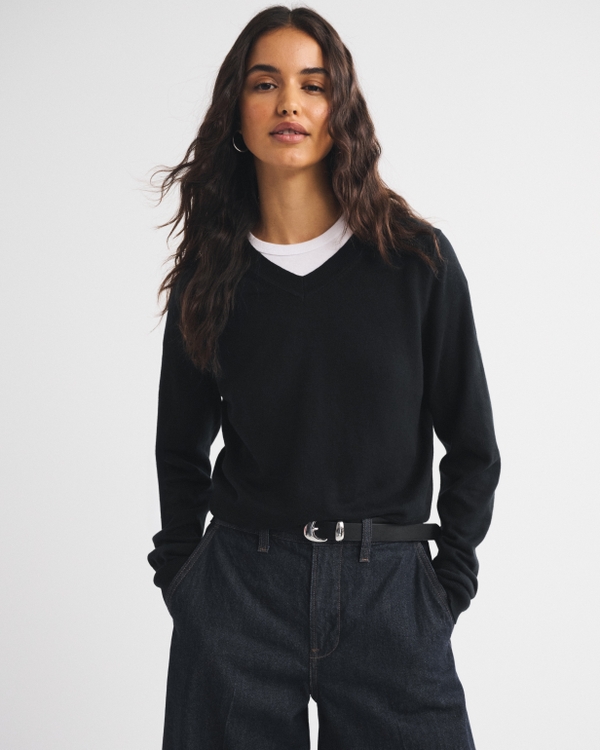 Cotton-Cashmere V-Neck Sweater, Black view 1