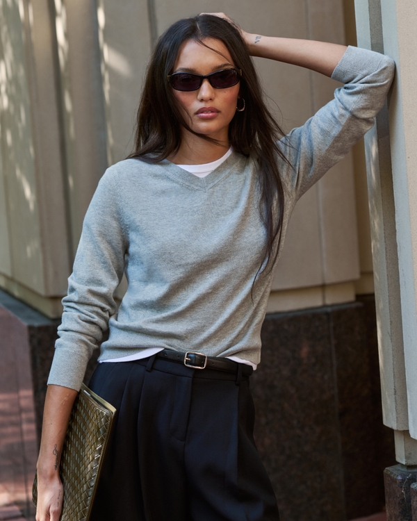 Cotton-Cashmere V-Neck Sweater, Heather Gray view 1