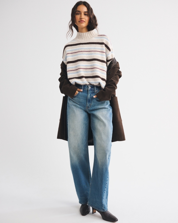 Wool-Blend Easy Funnel Neck Sweater, Brown Stripe view 2