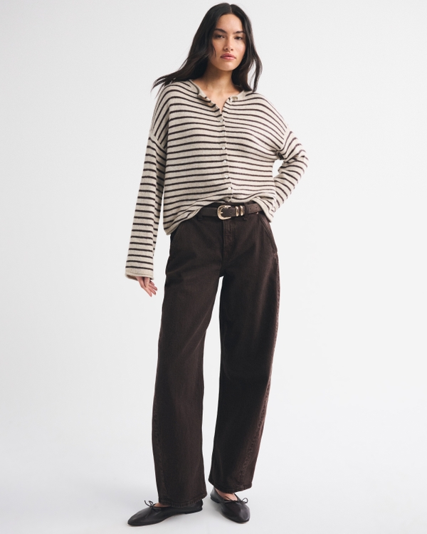 Merino Wool-Blend Roll Neck Cardigan, Light Brown Stripe view 2