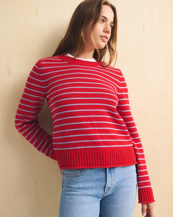 100% Cotton A&F Madeline Crew Sweater, Vivid Red Stripe view 1