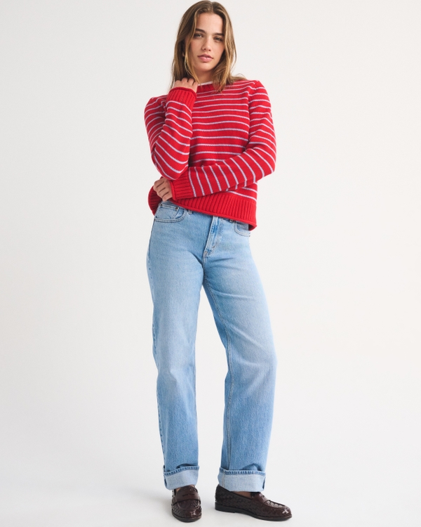 100% Cotton A&F Madeline Crew Sweater, Vivid Red Stripe view 2