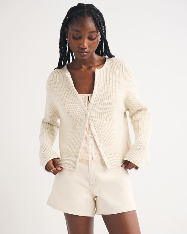 100% Cotton Roll Neck Cardigan, Warm Beige view 1
