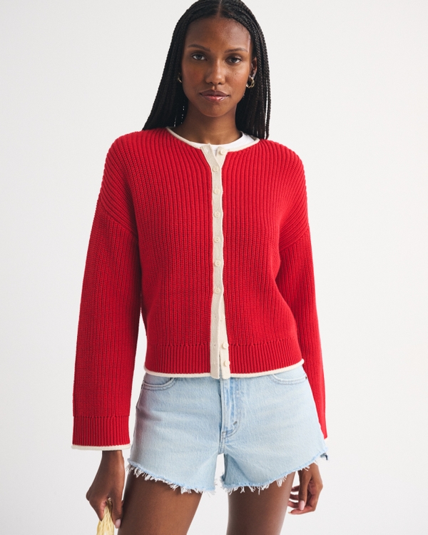 100% Cotton Roll Neck Cardigan, Red view 1