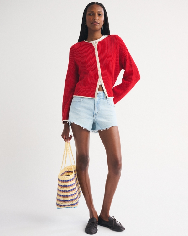 100% Cotton Roll Neck Cardigan, Red view 2