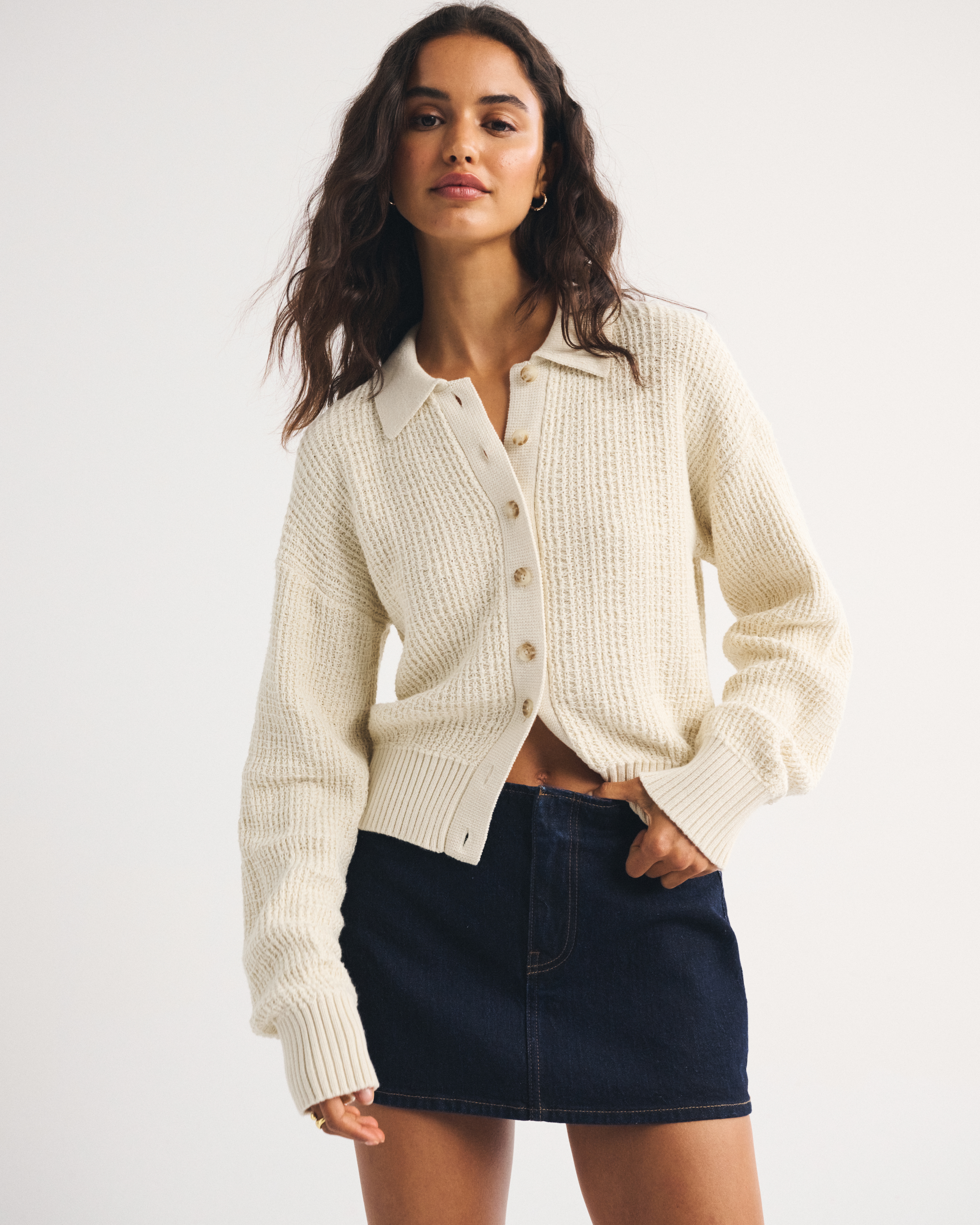 Женский кардиган Abercrombie & Fitch 100% Cotton Collared, цвет: Кремовый — фото 2