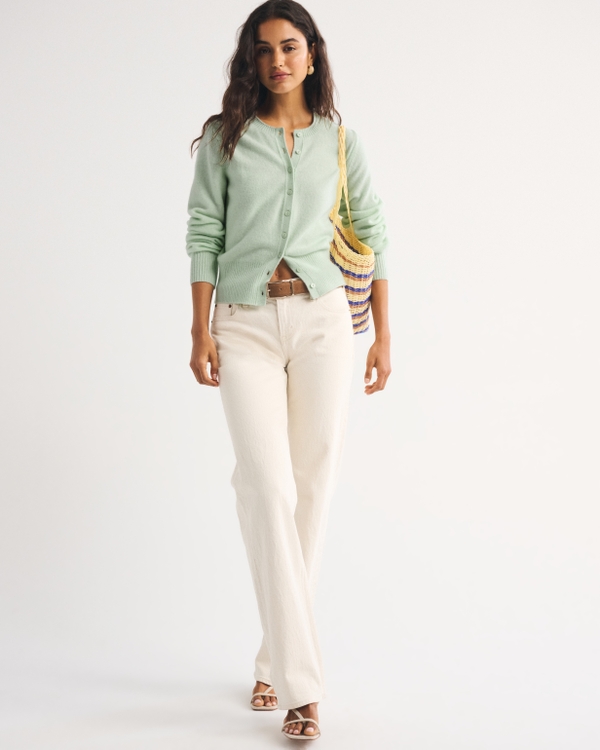 100% Merino Wool Banded Crew Cardigan, Mint view 2