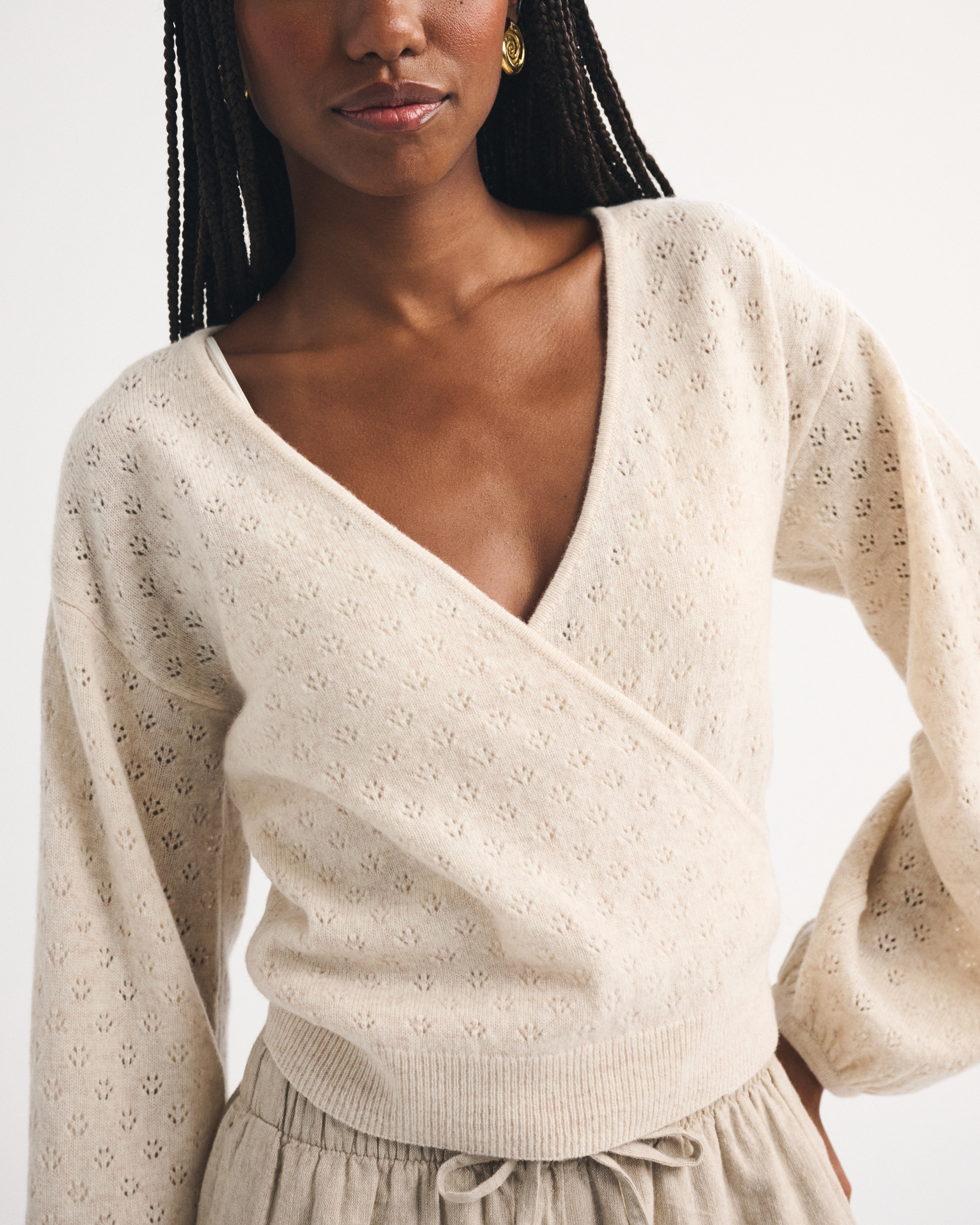 Женский свитер Abercrombie & Fitch 100% Merino Wool Pointelle Wrap, цвет: Кремовый — фото 2