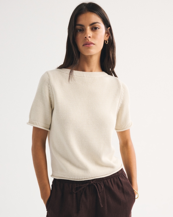 100% Cotton Sweater Tee, Warm Beige view 1