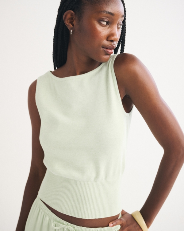 Cotton-Cashmere Blend Banded Shell Sweater, Lime view 1