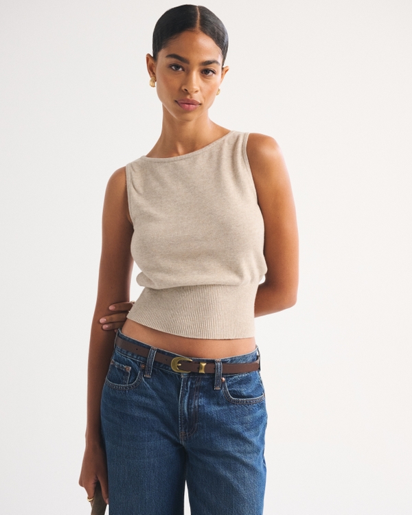 Cotton-Cashmere Blend Banded Shell Sweater, Light Brown view 1