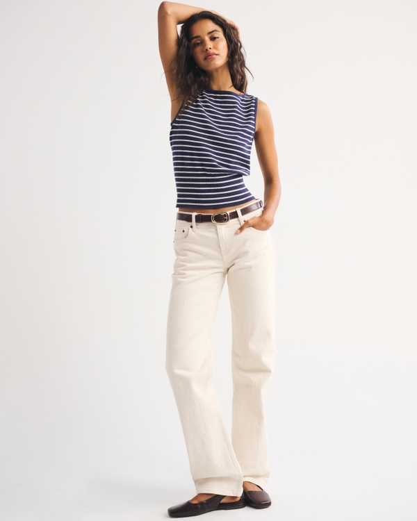 Cotton-Cashmere Blend Banded Shell Sweater, Navy Stripe view 2
