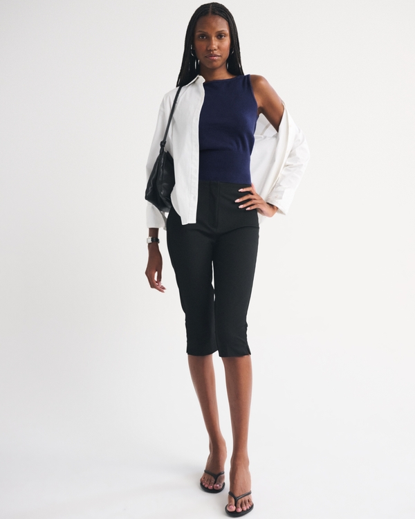 Cotton-Cashmere Blend Banded Shell Sweater, Muted Navy view 2