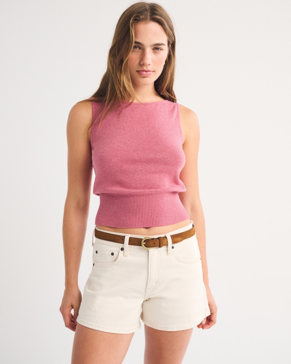 Cotton-Cashmere Blend Banded Shell Sweater, Dark Pink view 1