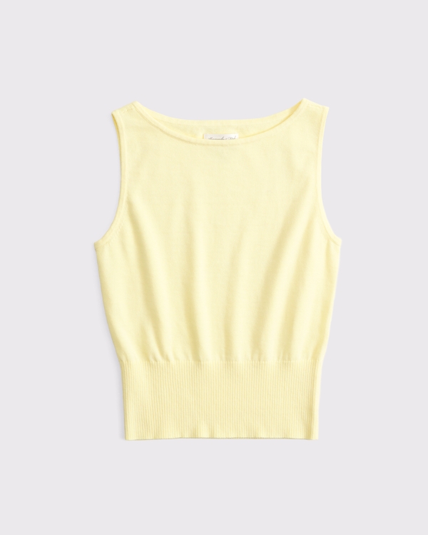 Cotton-Cashmere Blend Banded Shell Sweater, Light Yellow view 1