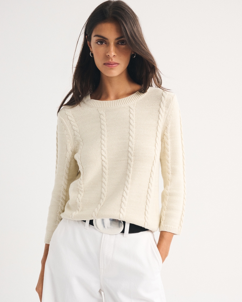 100% Cotton 3/4 Sleeve Cable-Knit Sweater - thumbnail 7
