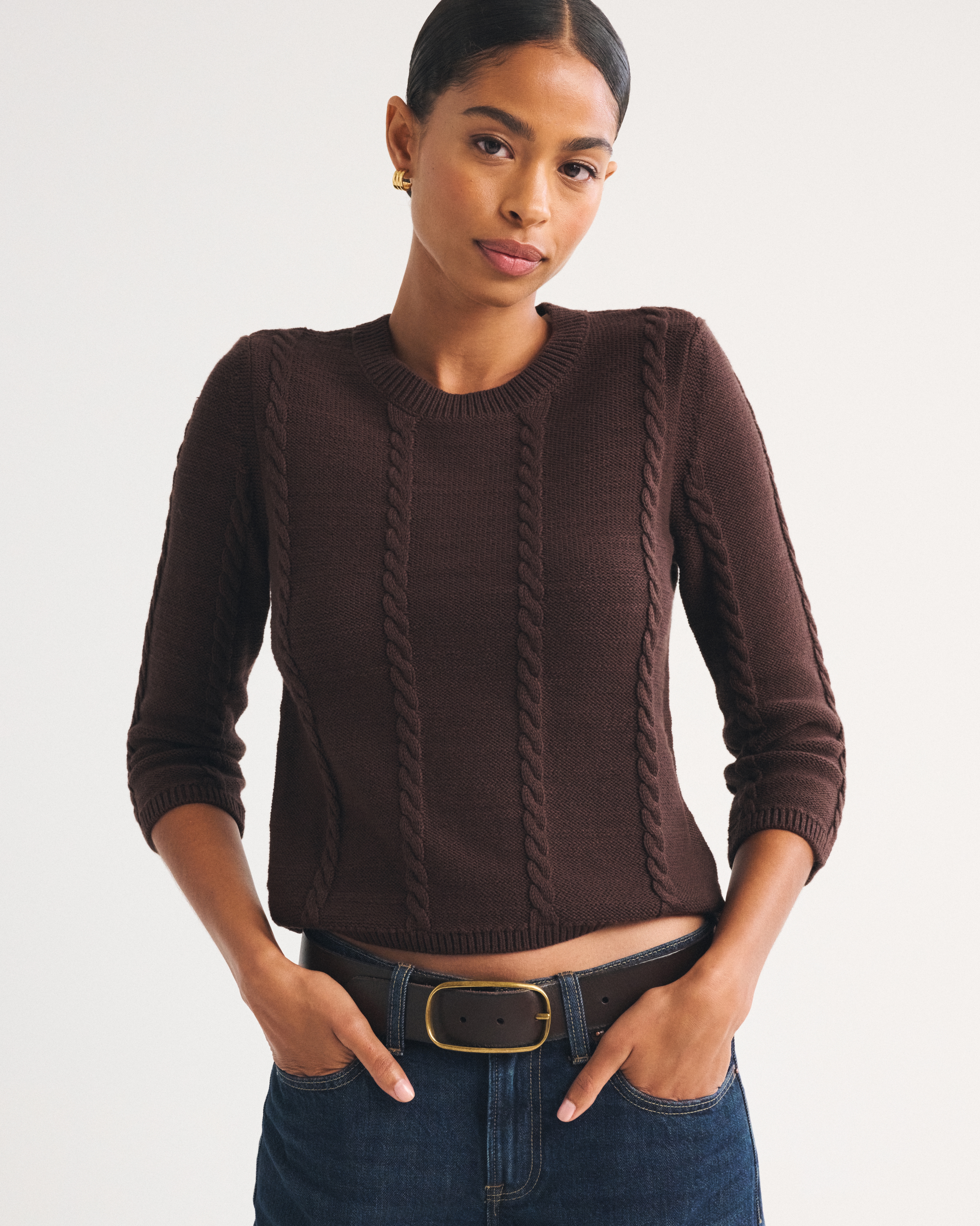 Женский свитер Abercrombie & Fitch 100% Cotton Cable-Knit 3/4 Sleeve, цвет: Тёмный кофейный — фото 2