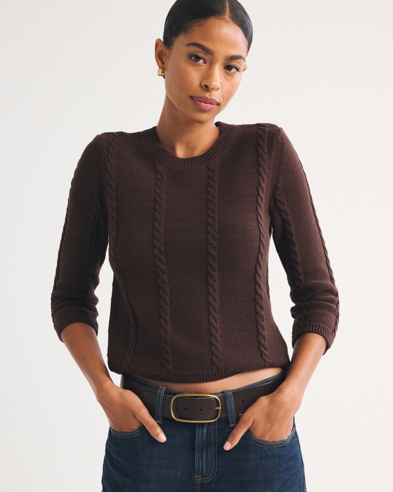 100% Cotton 3/4 Sleeve Cable-Knit Sweater - thumbnail 2